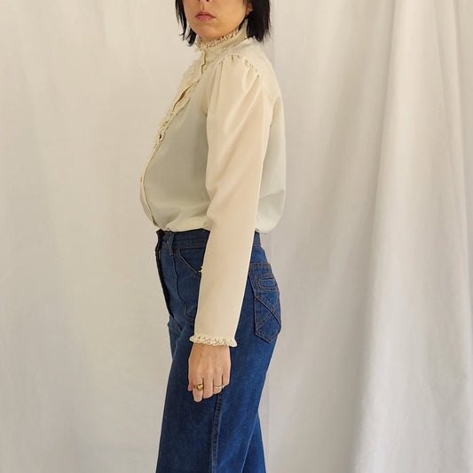 70s Ivory High Neck Lacy Blouse