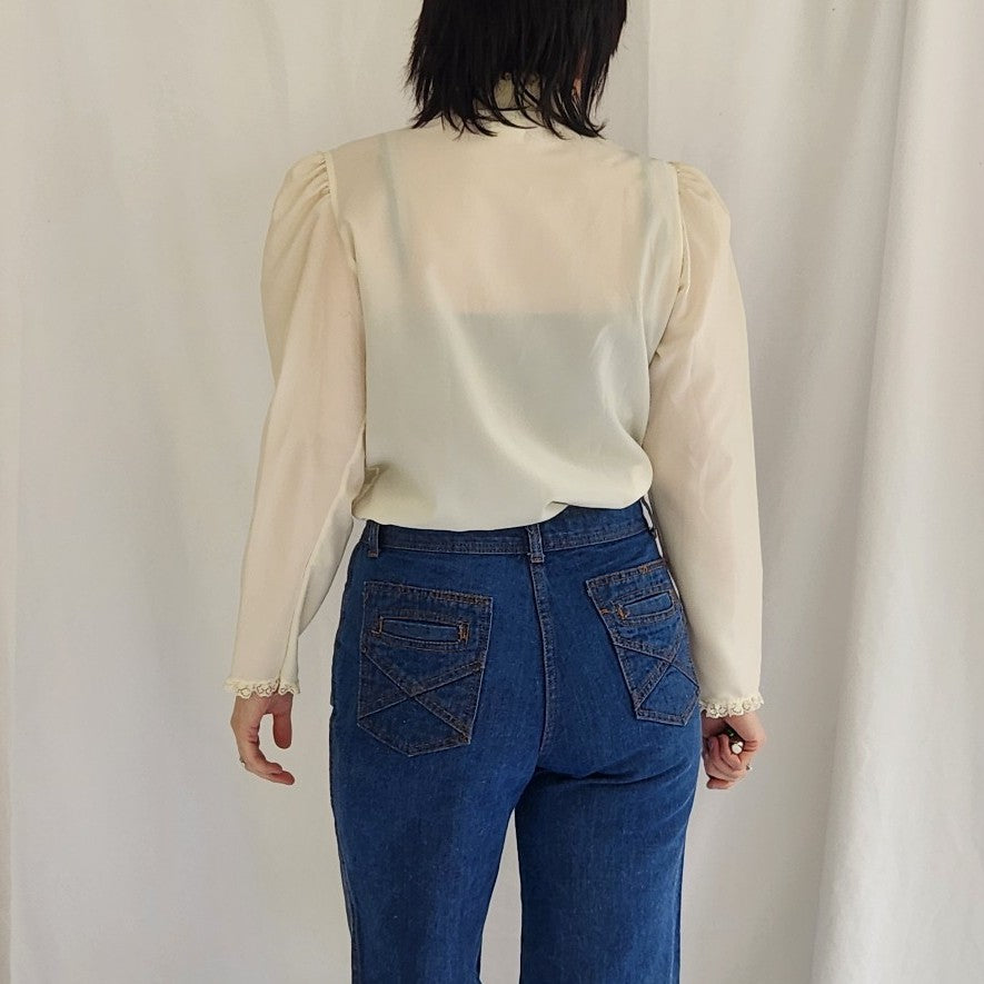 70s Ivory High Neck Lacy Blouse