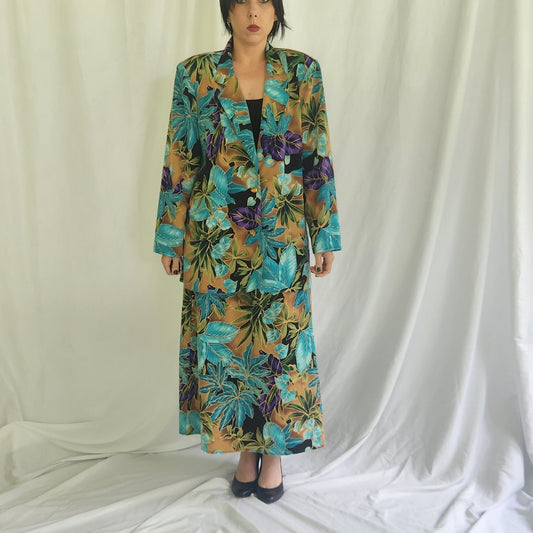 90s/00s Tan, Teal, and Purple Floral Maxi Skirt and Jacket Set