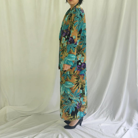 90s/00s Tan, Teal, and Purple Floral Maxi Skirt and Jacket Set