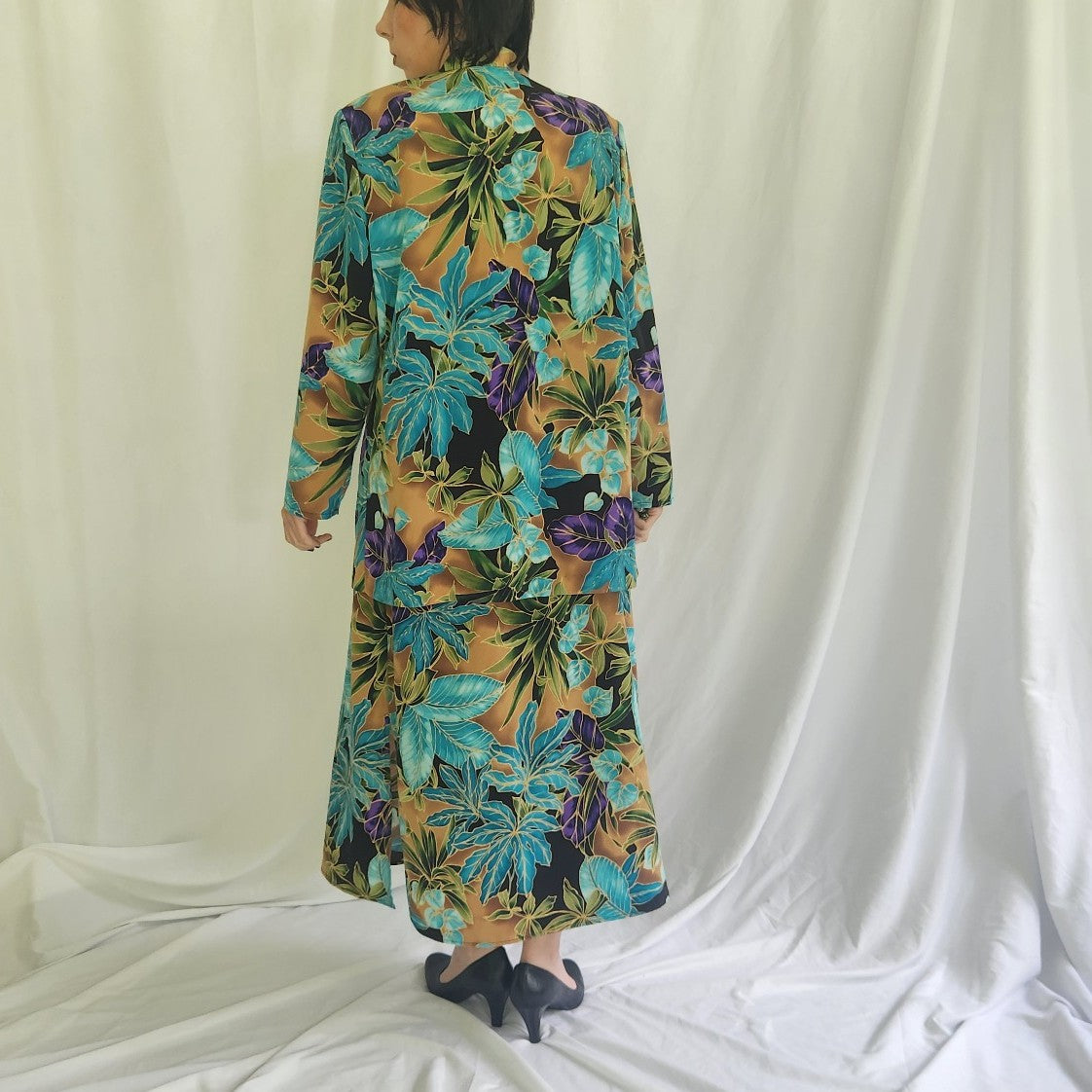 90s/00s Tan, Teal, and Purple Floral Maxi Skirt and Jacket Set