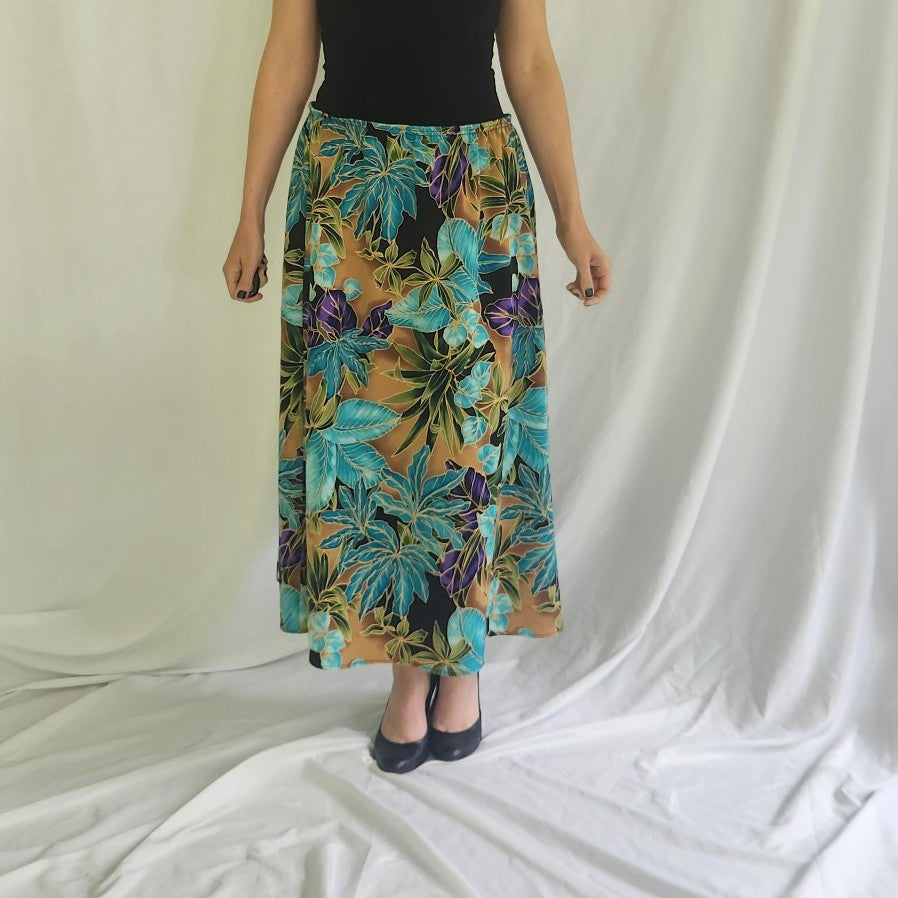90s/00s Tan, Teal, and Purple Floral Maxi Skirt and Jacket Set