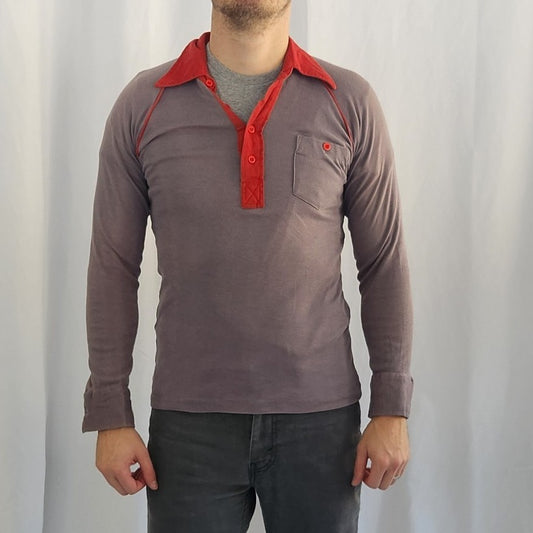 80s Gray and Red Long Sleeve Polo