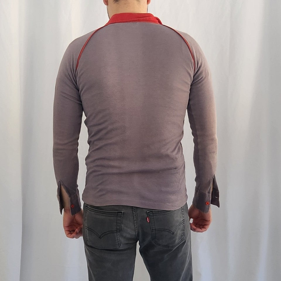 80s Gray and Red Long Sleeve Polo