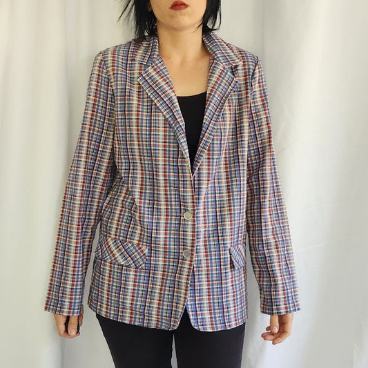 80s Red, White, and Blue Plaid Blazer