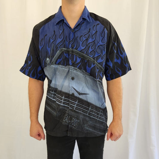 Y2K Black and Blue Car and Flames Button Down