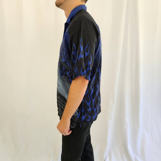 Y2K Black and Blue Car and Flames Button Down