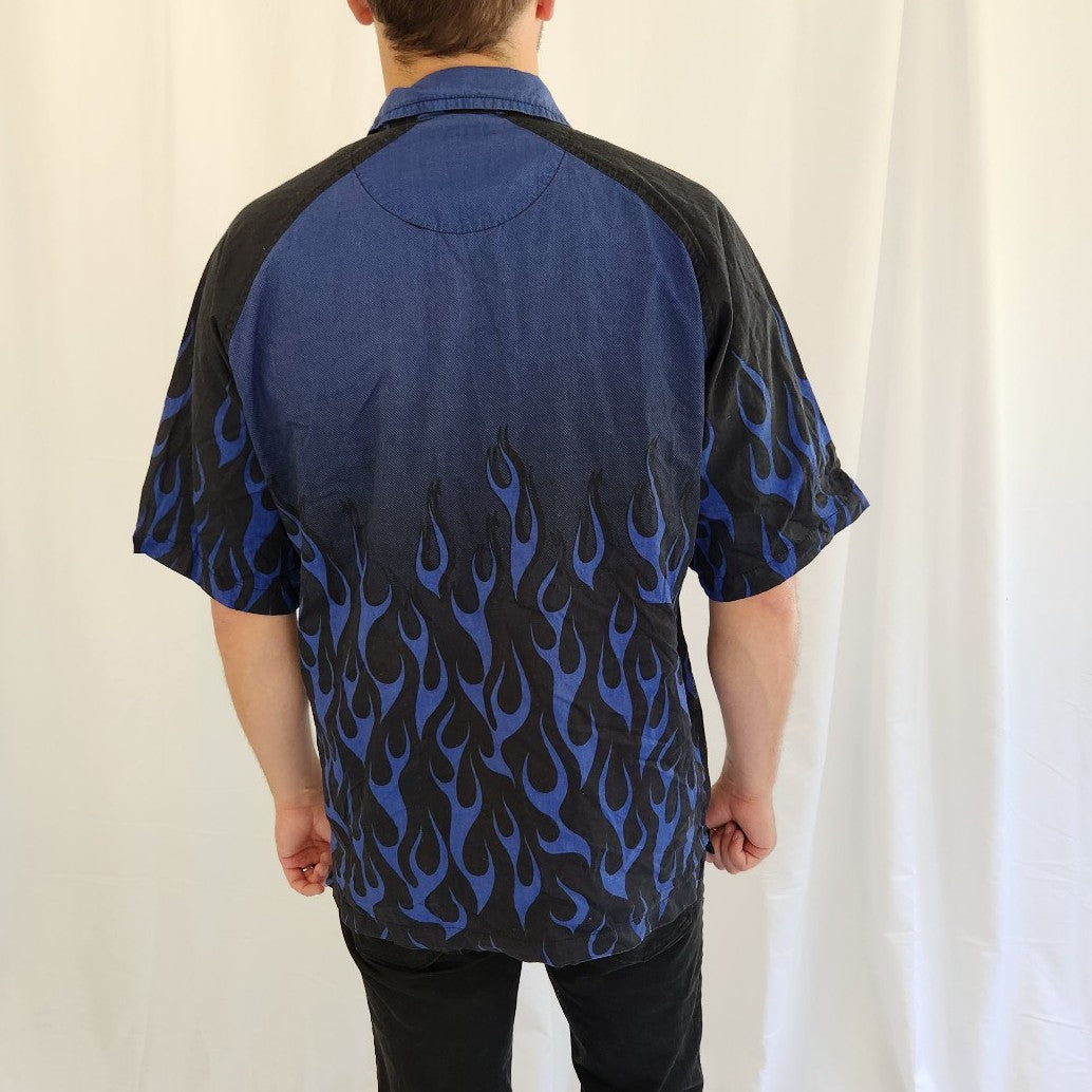 Y2K Black and Blue Car and Flames Button Down