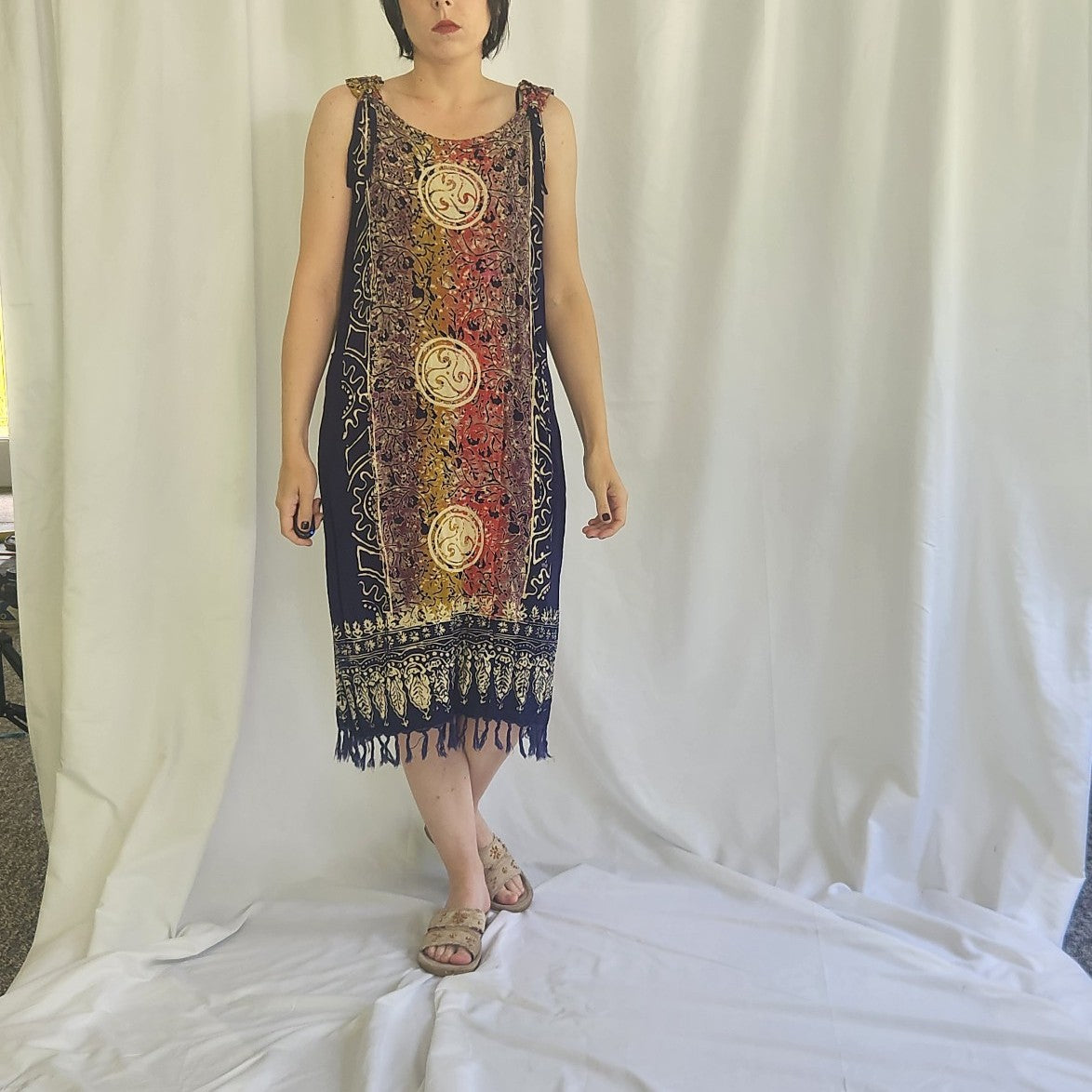 90s Blue, Orange and Cream Batik Sleeveless Sundress