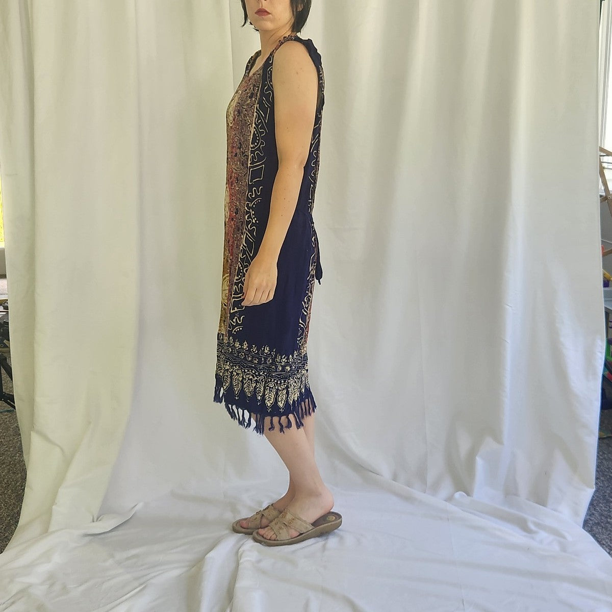 90s Blue, Orange and Cream Batik Sleeveless Sundress