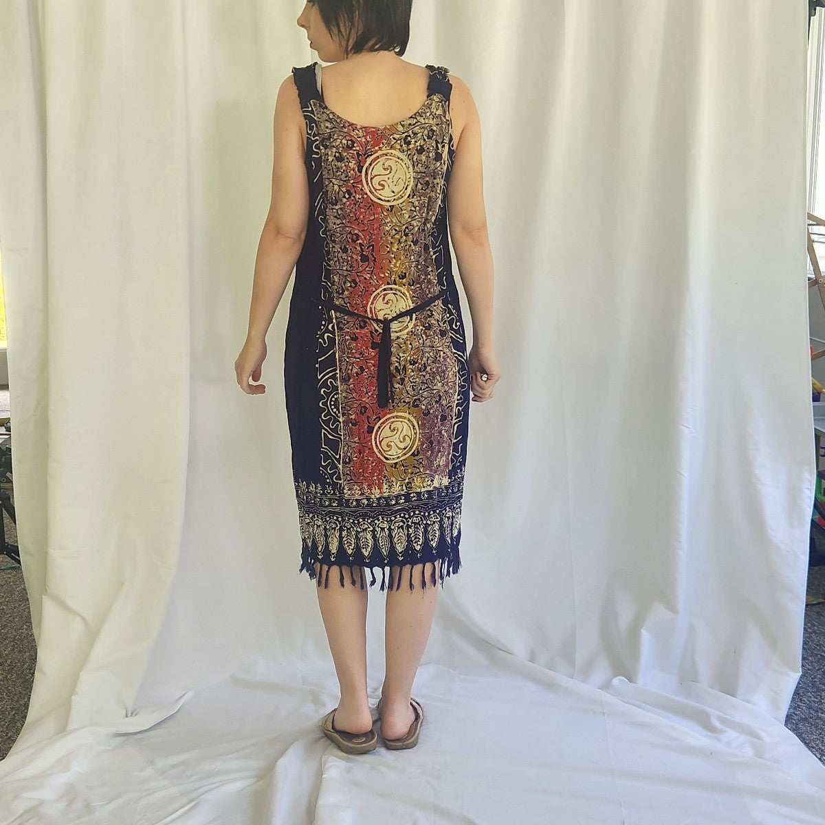 90s Blue, Orange and Cream Batik Sleeveless Sundress