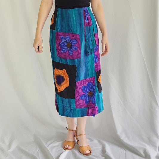 90s Teal and Purple Rayon Skirt
