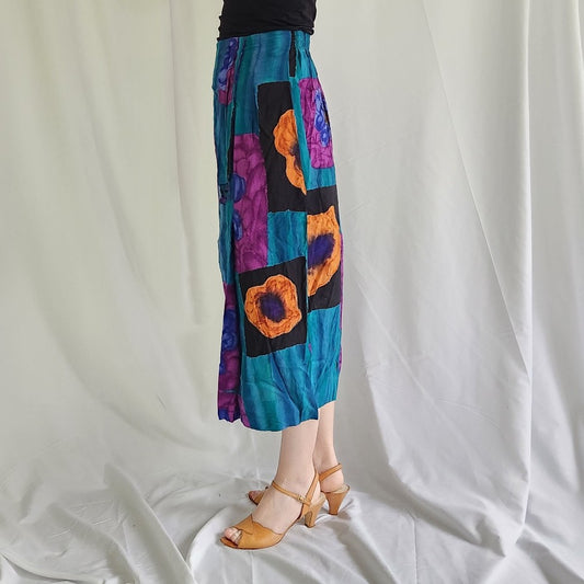 90s Teal and Purple Rayon Skirt