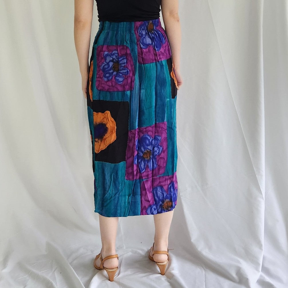 90s Teal and Purple Rayon Skirt