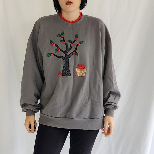 90s Gray Apple Tree Double Collar Sweatshirt
