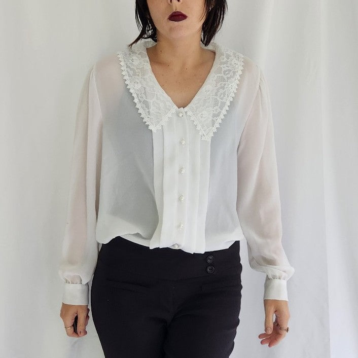 90s Sheer Pleated Blouse with Lace Collar