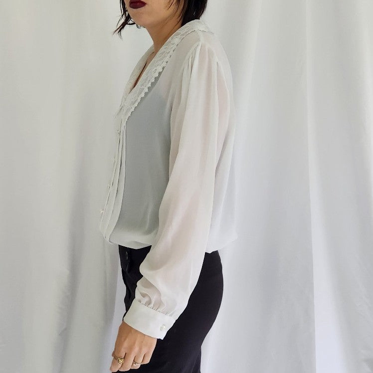 90s Sheer Pleated Blouse with Lace Collar