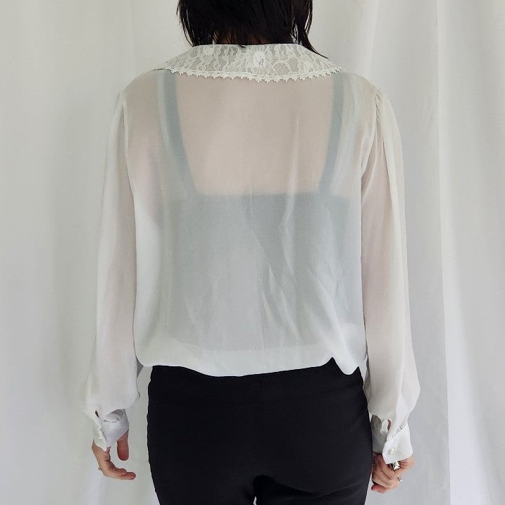90s Sheer Pleated Blouse with Lace Collar