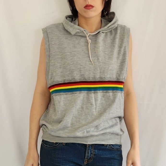 80s Gray and Rainbow Sleeveless Hooded Shirt