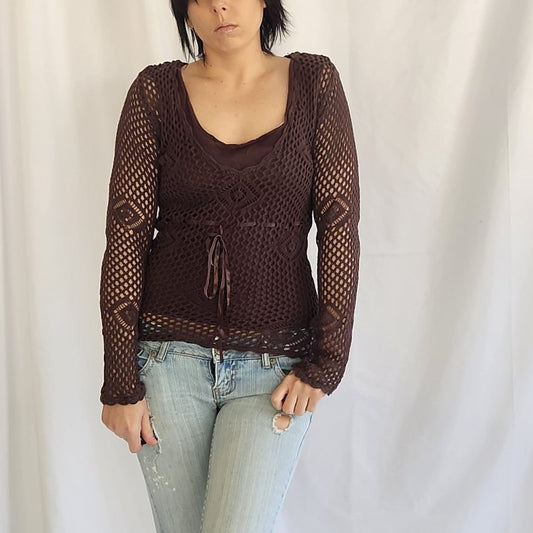 Y2K Brown Crochet Boho Layered Top