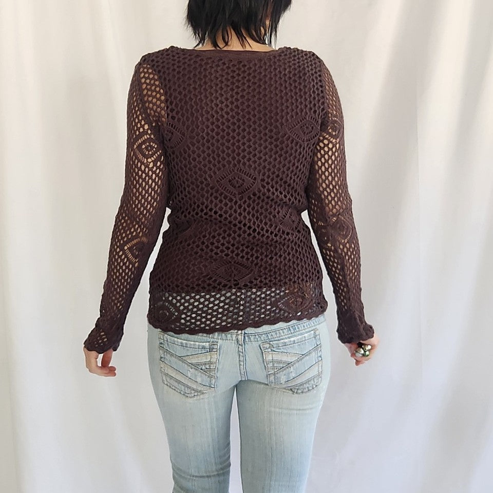Y2K Brown Crochet Boho Layered Top