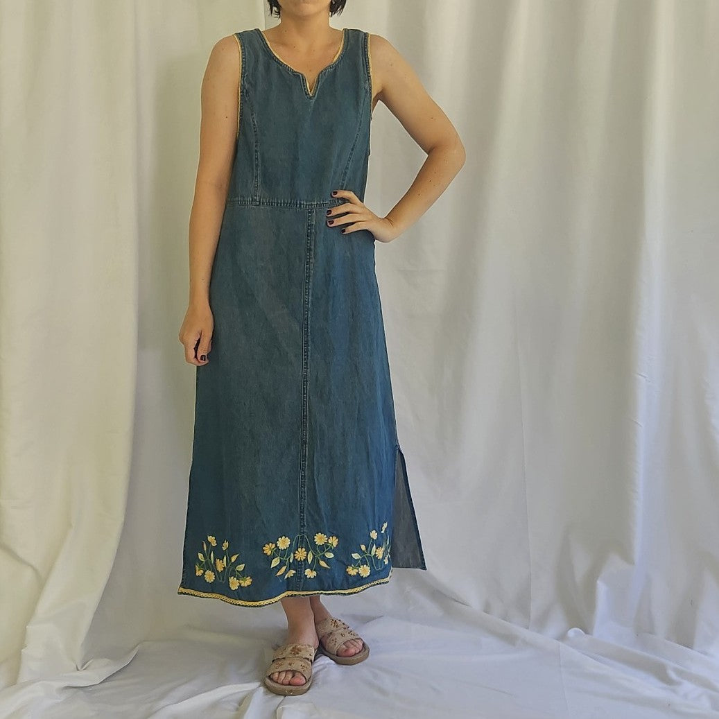 90s/00s Floral Embroidered Denim Dress