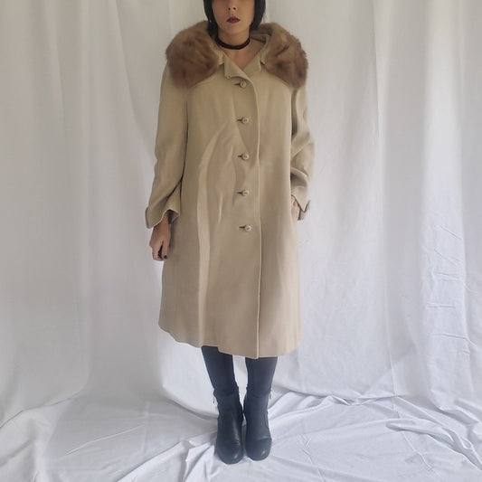 60s Beige Wool Swing Coat with Mink Collar