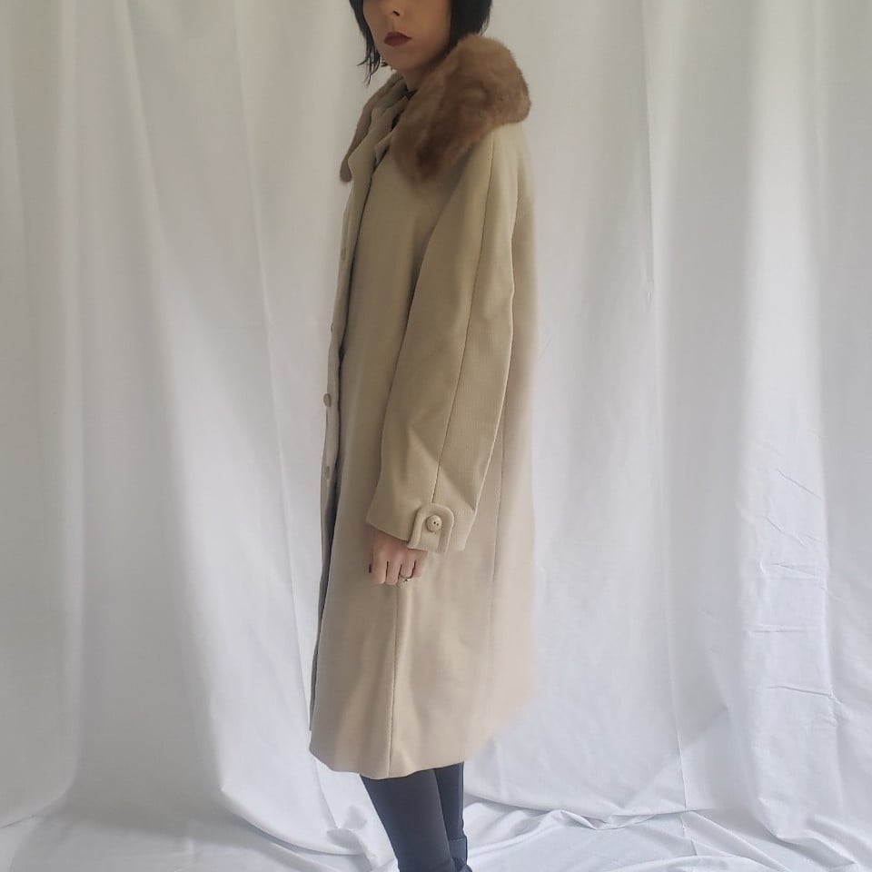 60s Beige Wool Swing Coat with Mink Collar