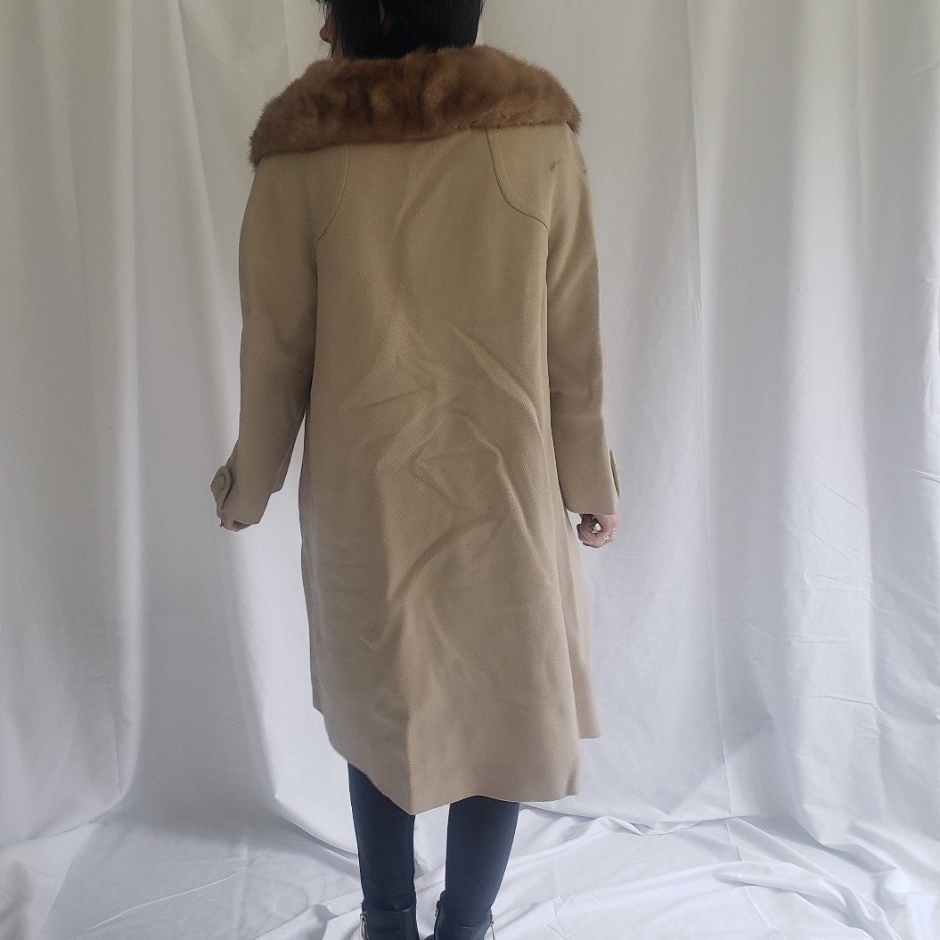 60s Beige Wool Swing Coat with Mink Collar