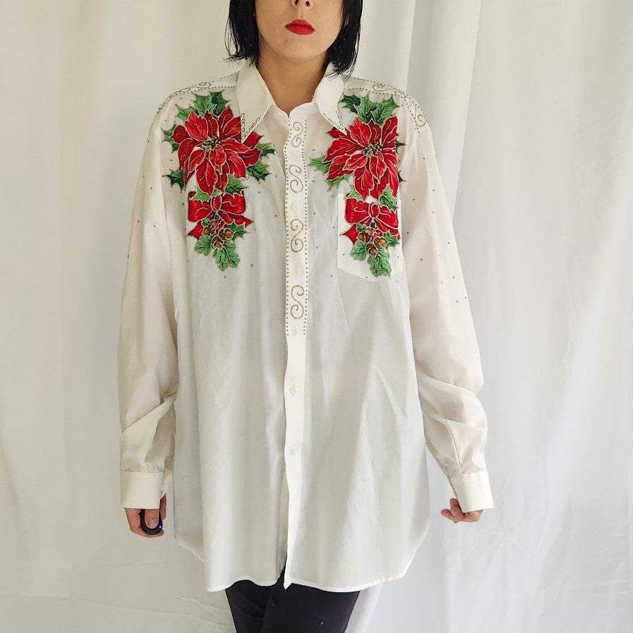 90s Poinsettia Hand Painted Button Down Shirt