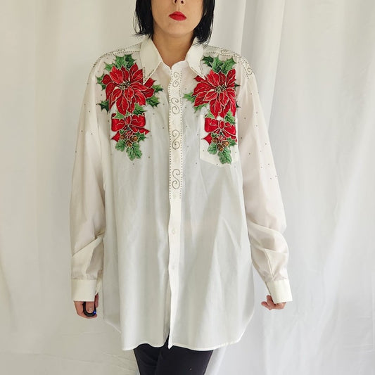 90s Poinsettia Hand Painted Button Down Shirt
