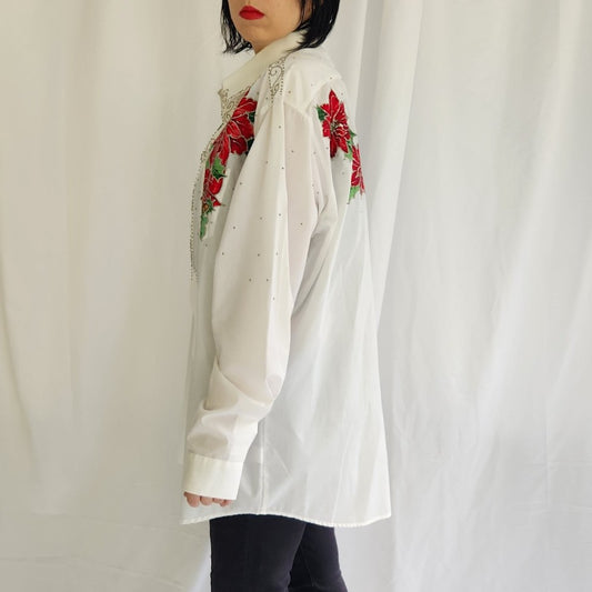 90s Poinsettia Hand Painted Button Down Shirt