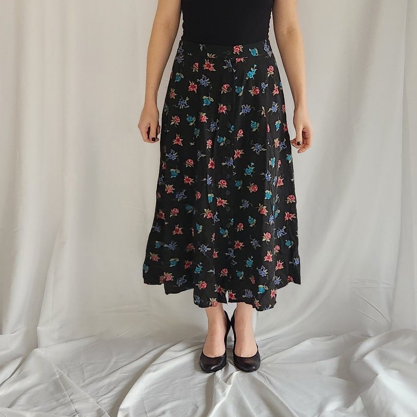 90s Black Floral Button Down Skirt