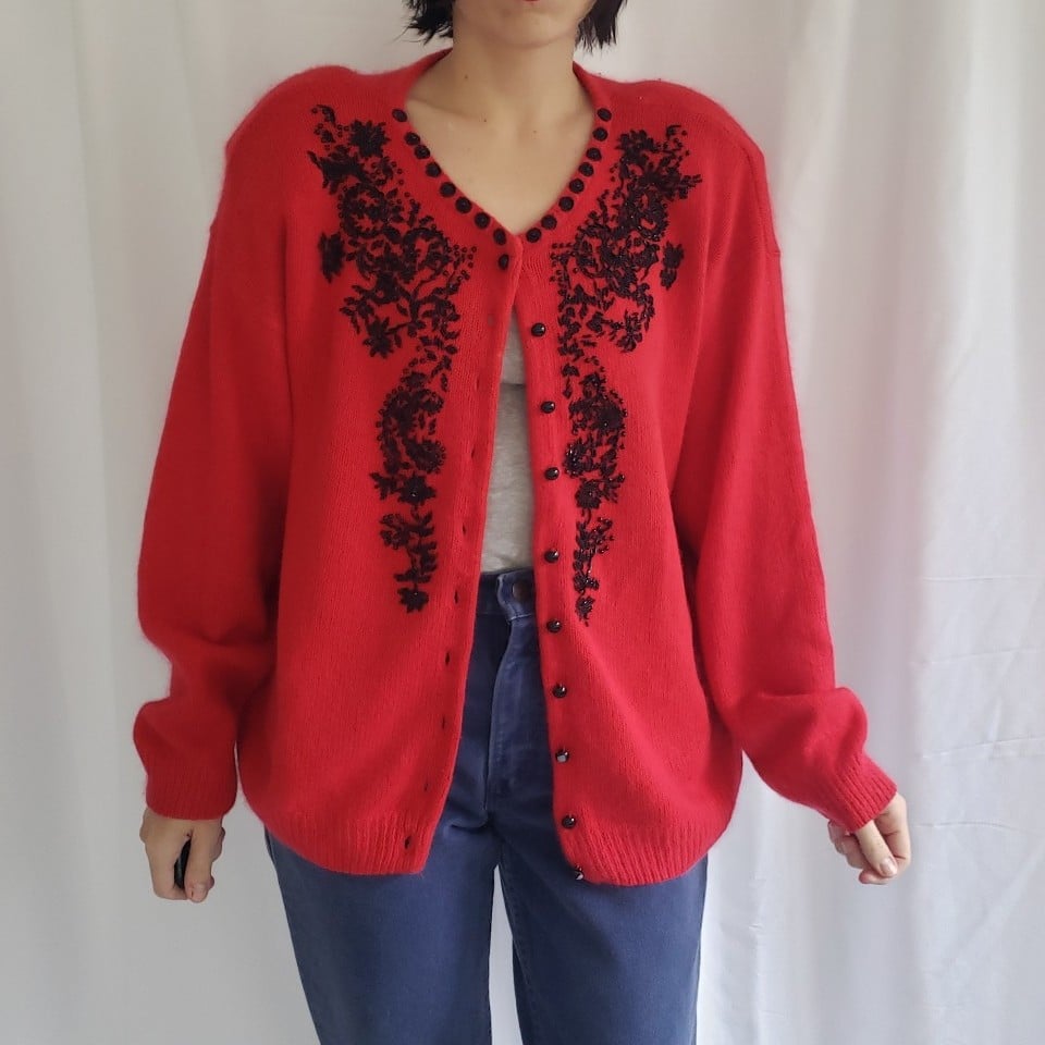 80s Red and Black Silk and Angora Blend Beaded Cardigan