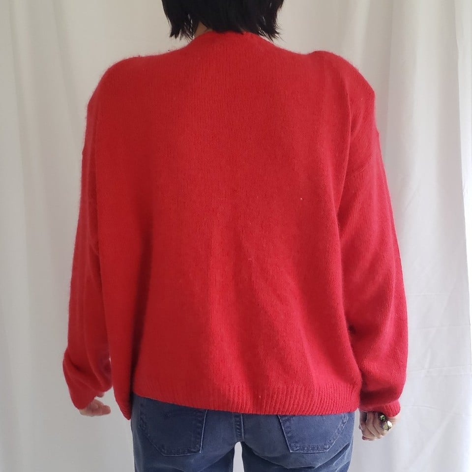 80s Red and Black Silk and Angora Blend Beaded Cardigan