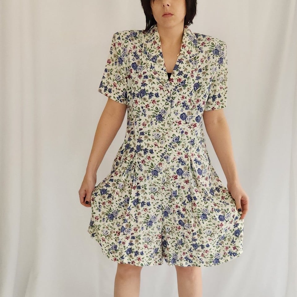90s White and Purple Rose Print Romper