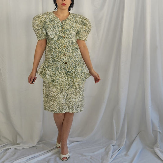 80s Green Puff Sleeve Peplum Dress