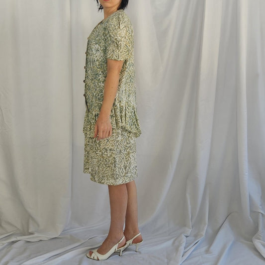 80s Green Puff Sleeve Peplum Dress