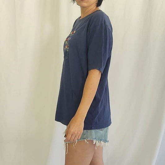 90s/00s Blue Tee with Embroidered Flowers