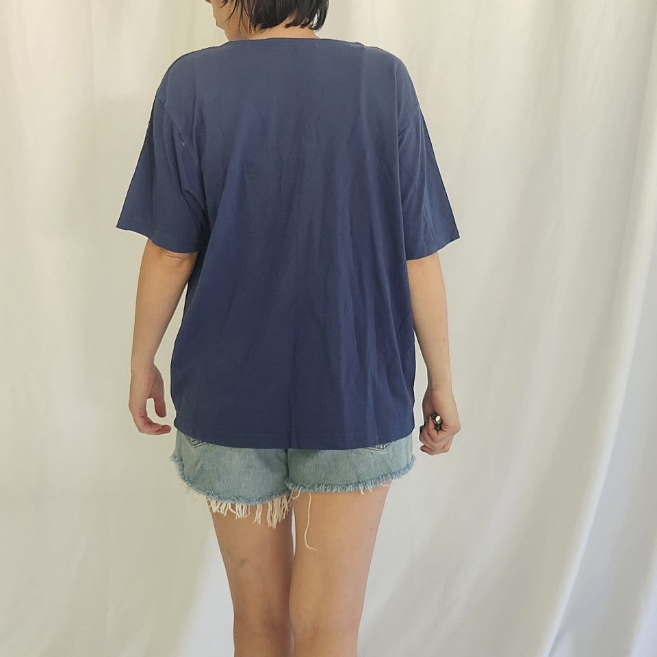 90s/00s Blue Tee with Embroidered Flowers