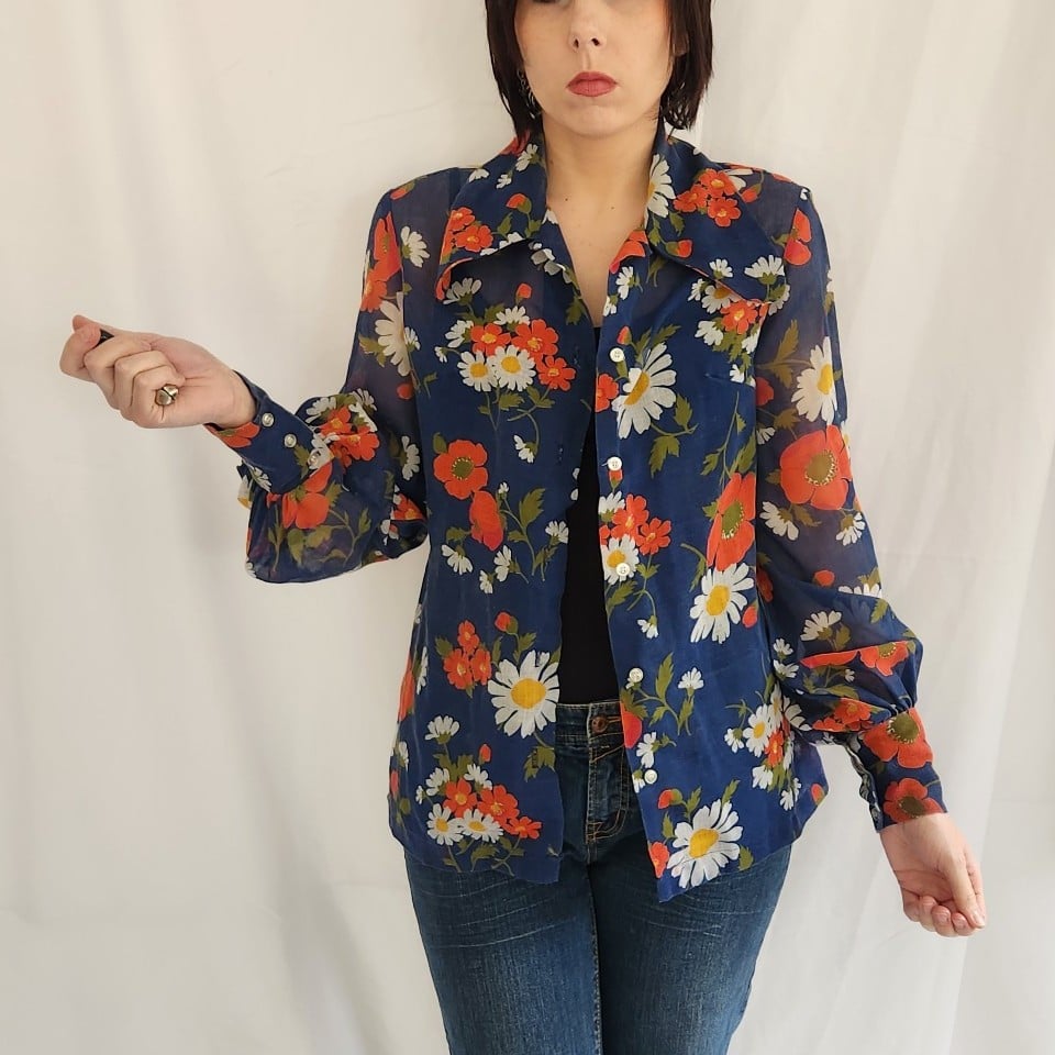 70s Blue Floral Button Down