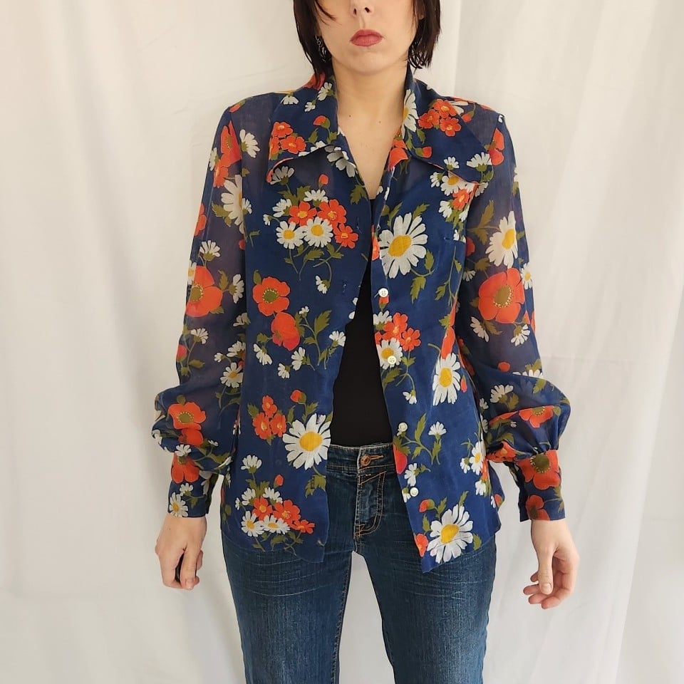 70s Blue Floral Button Down