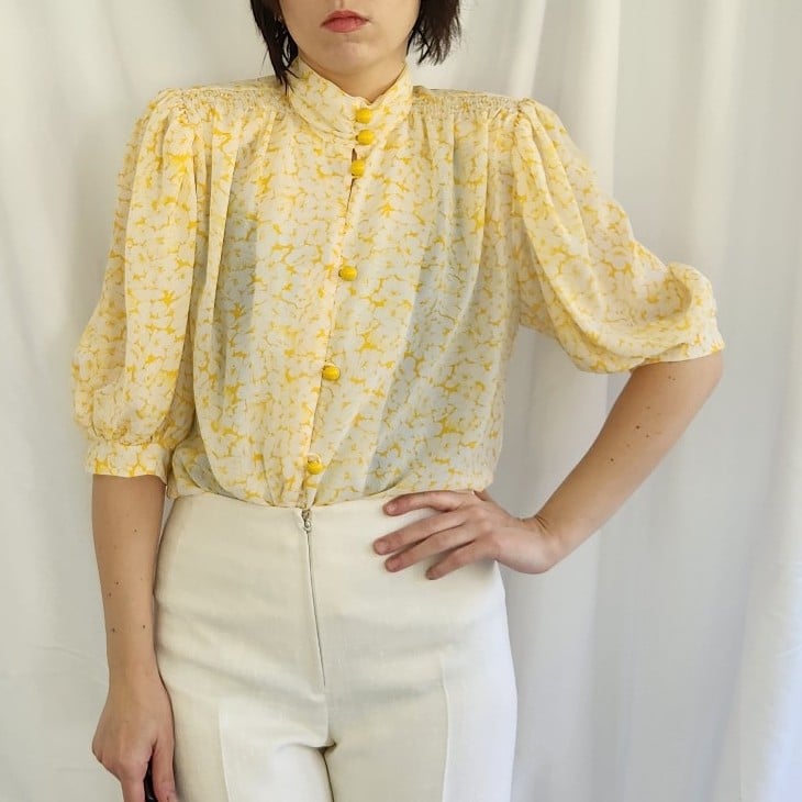 90s Yellow and White Floral Blouse
