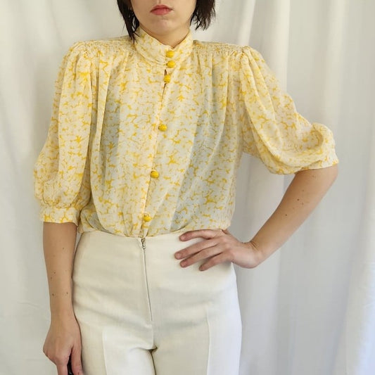 90s Yellow and White Floral Blouse