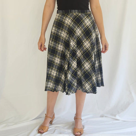 70s Green and Blue Plaid Midi Skirt