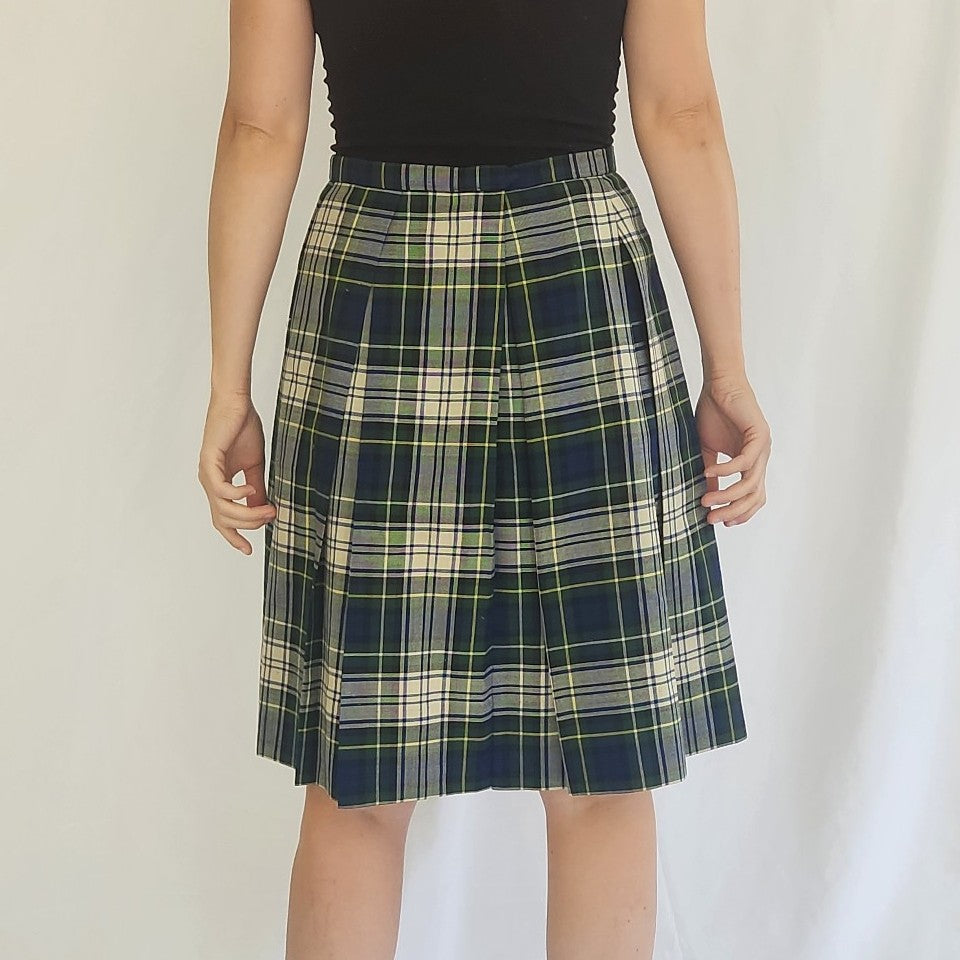70s Green and Blue Plaid Midi Skirt