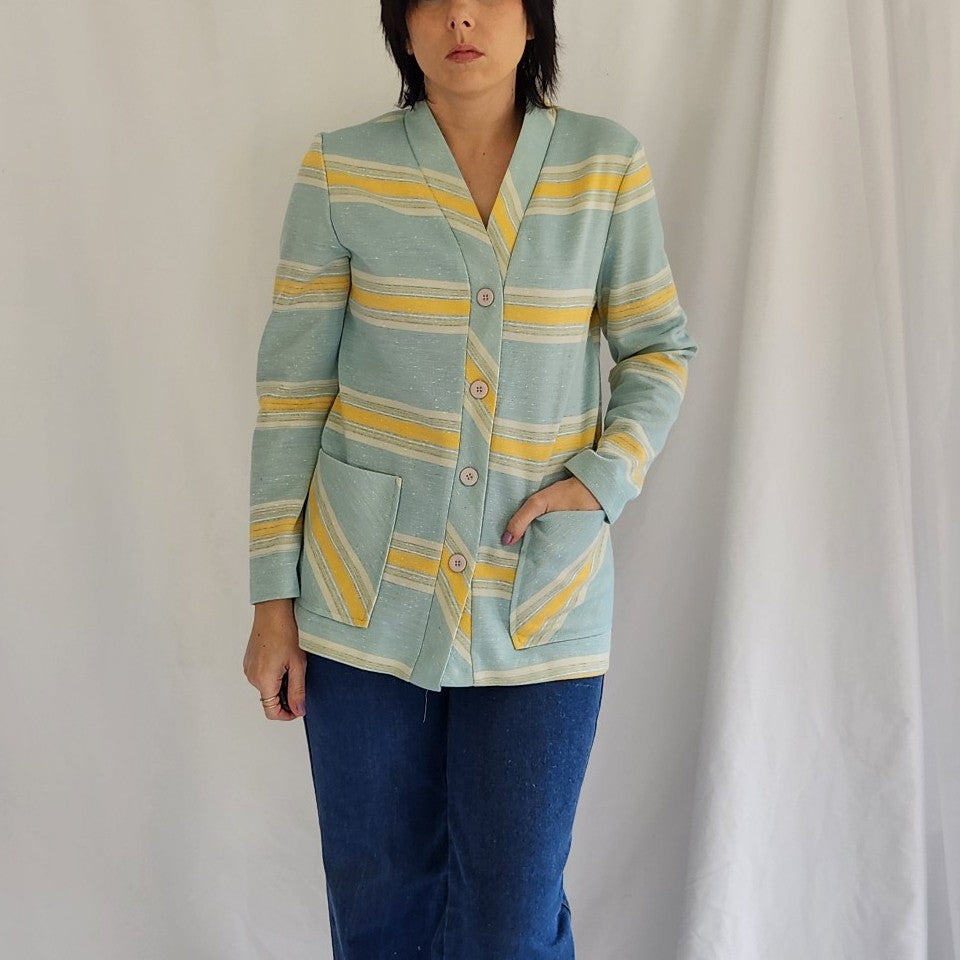 70s Blue and Yellow Striped Cardigan