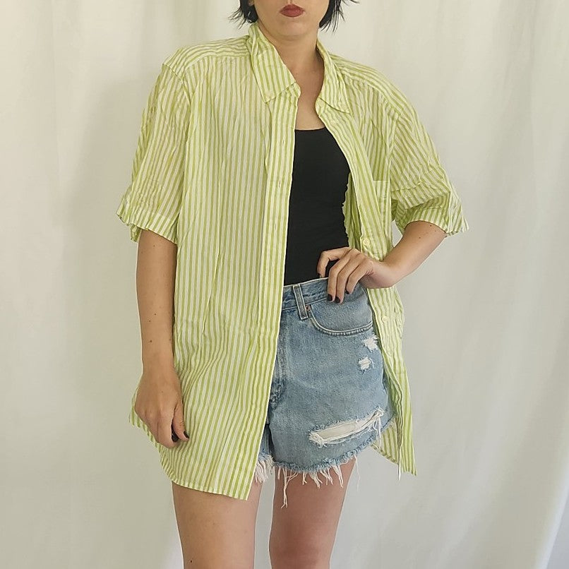 90s Green and White Striped Button Down Shirt