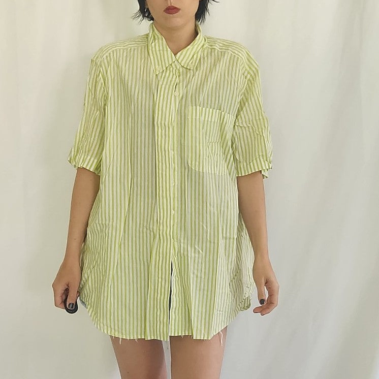 90s Green and White Striped Button Down Shirt