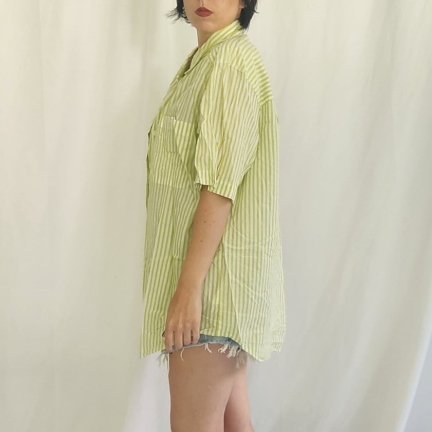 90s Green and White Striped Button Down Shirt